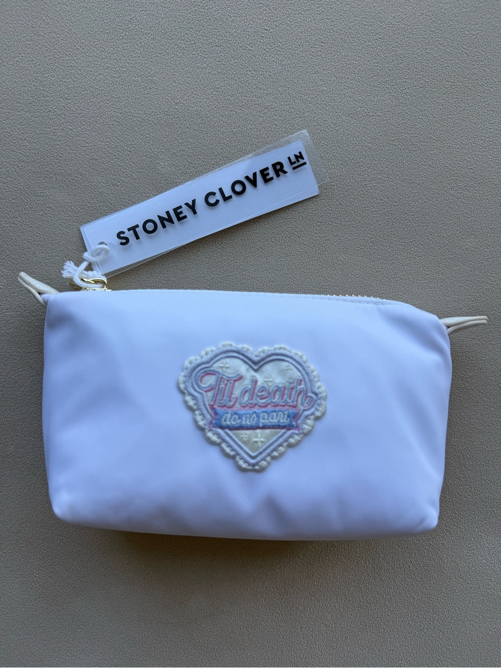 Stoney Clover Lane White Heart Patch Cosmetic Pouch